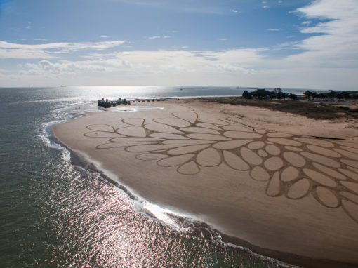 sam dougados, la rochelle, ile de ré, pont, invasion, beach art, sand drawing