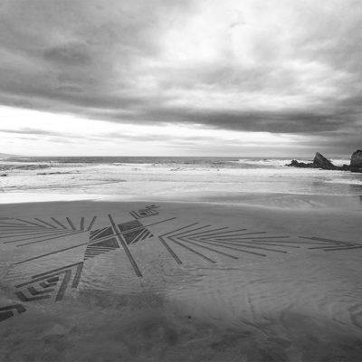 beach art, dougados, biarritz, villa belza, dessin sur le sable, photo, noir et blanc, black and white