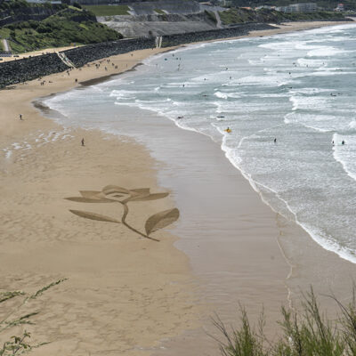 dessin sur le sable d'une fleur à Biarritz
